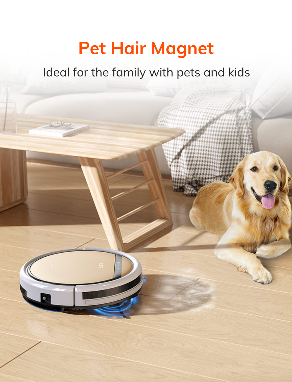 ILIFE V5s robot vacuum cleaning pet hair near dog