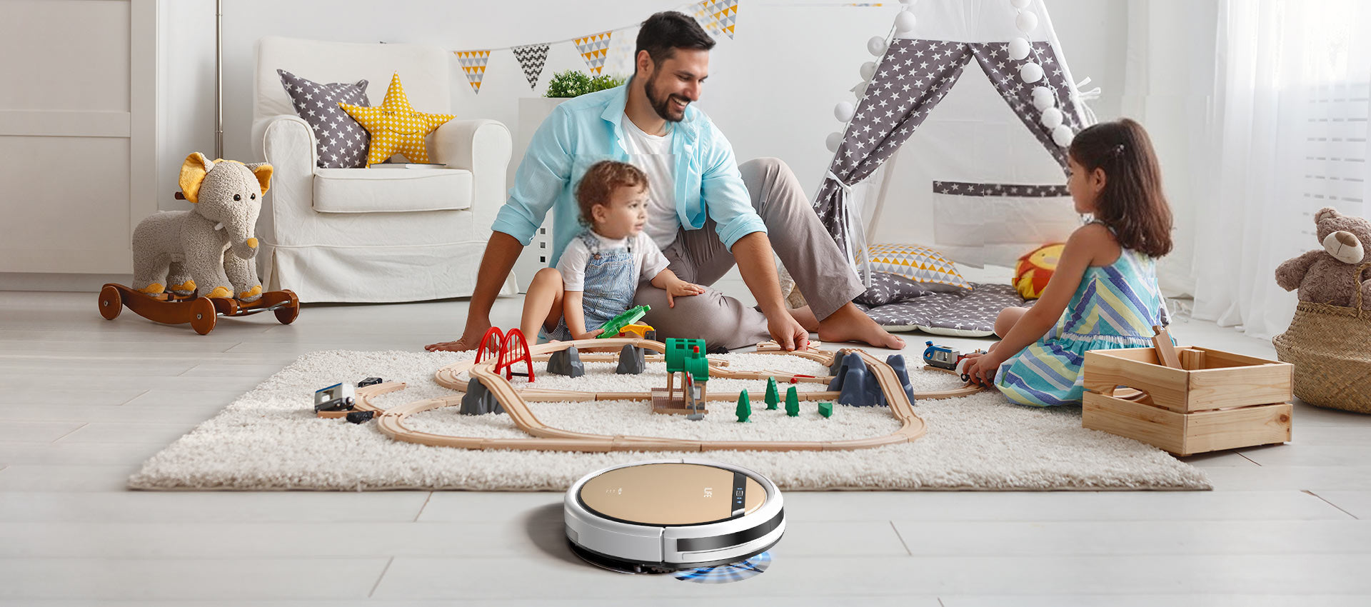 ILIFE robot vacuum cleaning living room around family with kids
