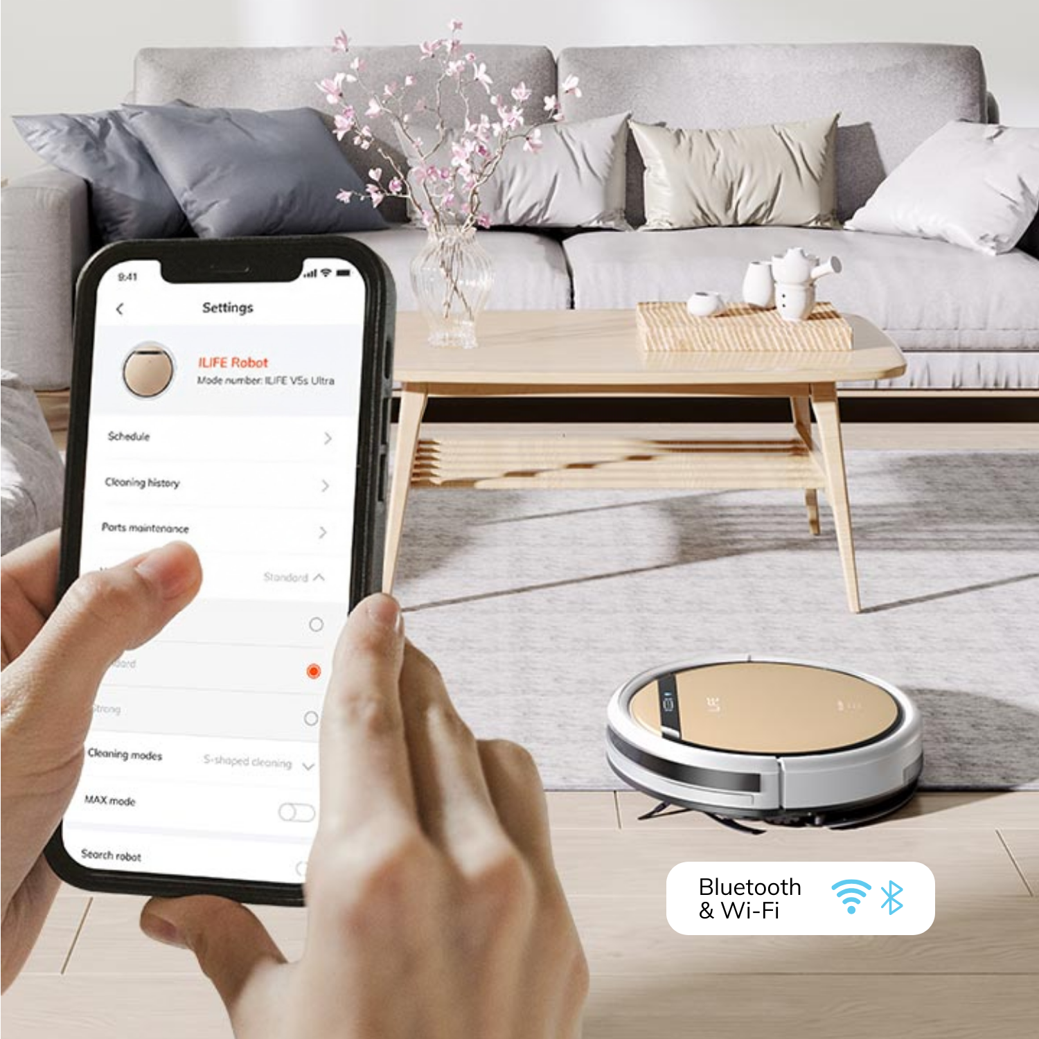 ILIFE robot vacuum connects with bluetooth and wi-fi